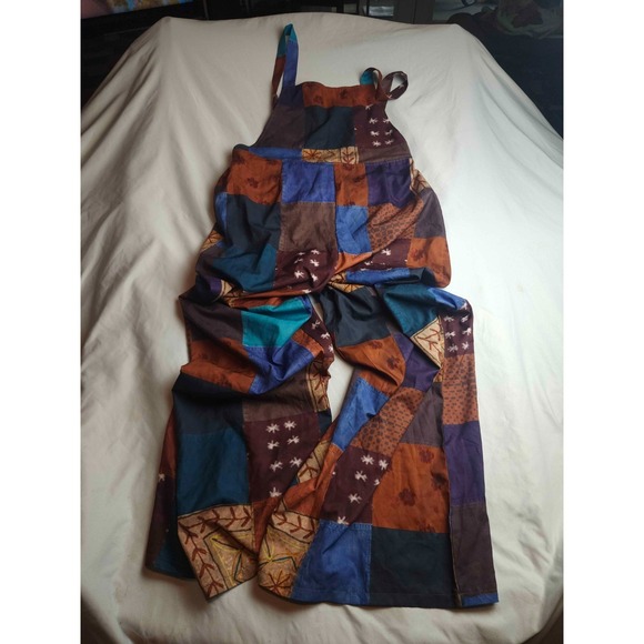 ROMWE Pants - Romwe Patchwork Overalls Womens Size Large Brown Blue Boho Festival Artsy Casual